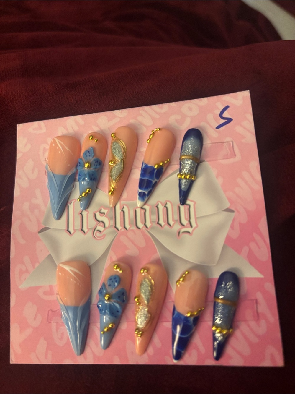 SHAN Blue & Peach Embellished Press-On Nail Set with Gold Accents